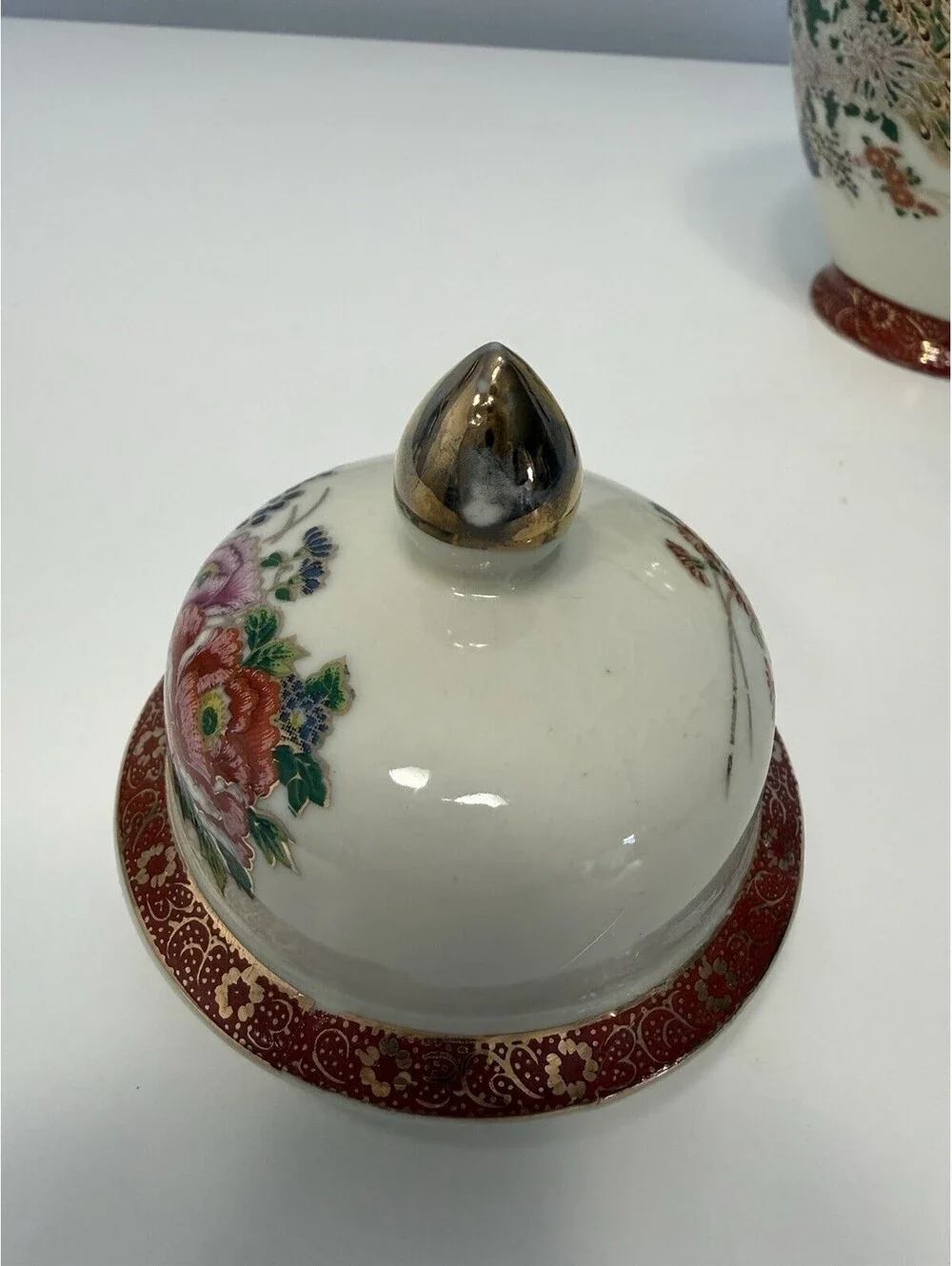 VTG Japanese SATSUMA Ginger Jar w/Lid Peacock Cherry Blossom Peony Gold Gilding
